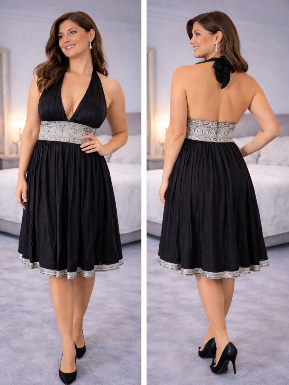 Marchesa Notte Black Silver Burnout Silk Midi Halter Dress $695